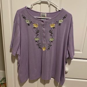 purple, green, and yellow floral tee